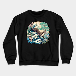 Aquatic Animal Vintage Ocean Wave Art Floral Japanese Otter Crewneck Sweatshirt